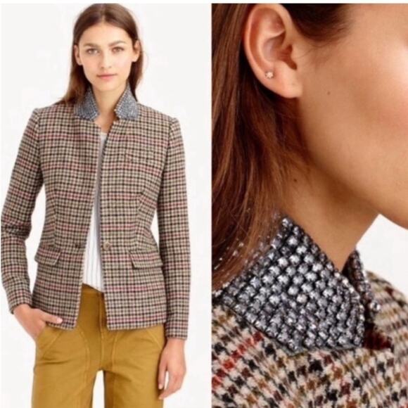 J. Crew Jackets & Blazers - J.Crew Regent houndstooth embellished blazer jacket XS 2 jewel collar rhinestone